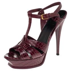 Pre Owned Saint Laurent Burgundy Croc Embossed Leather Tribute Platform Sandals Size 39.5