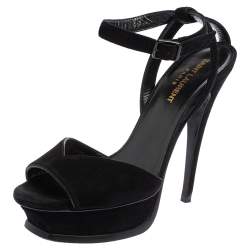 Pre Owned Saint Laurent Black Suede Ankle Strap Platform Sandals Size 37.5