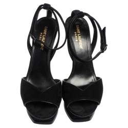 Pre Owned Saint Laurent Black Suede Ankle Strap Platform Sandals Size 37.5
