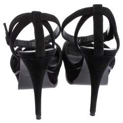 Pre Owned Saint Laurent Black Suede Ankle Strap Platform Sandals Size 37.5