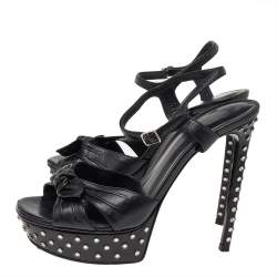 Saint Laurent Black Leather Embellished Platform Ankle Strap Sandals Size 38