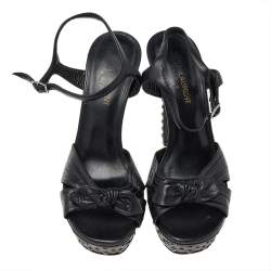 Saint Laurent Black Leather Embellished Platform Ankle Strap Sandals Size 38