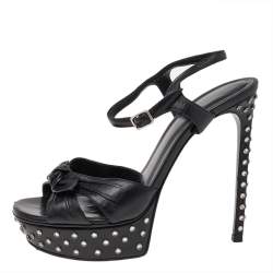 Saint Laurent Black Leather Embellished Platform Ankle Strap Sandals Size 38