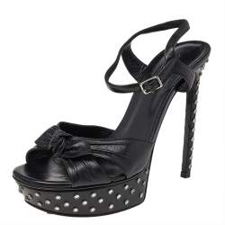 Saint Laurent Black Leather Embellished Platform Ankle Strap Sandals Size 38