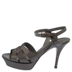 Pre Owned Saint Laurent Grey Patent Leather Tribute  Sandals Size 37