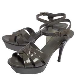 Pre Owned Saint Laurent Grey Patent Leather Tribute  Sandals Size 37