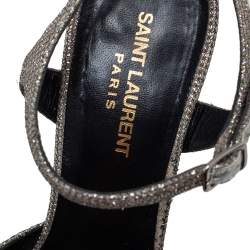 Pre Owned Saint Laurent Metallic Silver Leather Candy Ankle Strap Platform Sandals Size 39.5