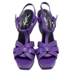 Pre Owned Saint Laurent Purple Leather Tribute Platform Ankle Strap Sandals Size 39 
