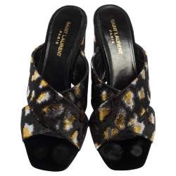 مملوكة مسبقًا حذاء مولز سان لوران كعب عريض قماش ميتالك ثلاثي اللون بسيور متعاكسة مقاس 40