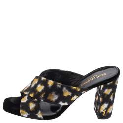 مملوكة مسبقًا حذاء مولز سان لوران كعب عريض قماش ميتالك ثلاثي اللون بسيور متعاكسة مقاس 40