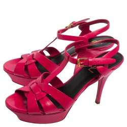 مملوكة مسبقًا Saint Laurent Fuchsia Leather Tribute Ankle Strap Sandals Size 38