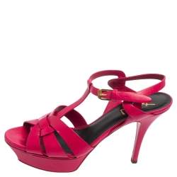 مملوكة مسبقًا Saint Laurent Fuchsia Leather Tribute Ankle Strap Sandals Size 38