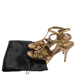 Pre Owned Saint Laurent Metallic Olive Green Leather Tribute Platform Sandals Size 37