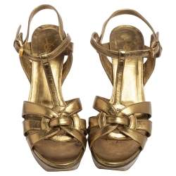 Pre Owned Saint Laurent Metallic Olive Green Leather Tribute Platform Sandals Size 37