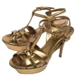Pre Owned Saint Laurent Metallic Olive Green Leather Tribute Platform Sandals Size 37
