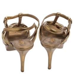 Pre Owned Saint Laurent Metallic Olive Green Leather Tribute Platform Sandals Size 37