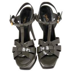 Pre Owned Saint Laurent  Green Patent Leather Tribute  Sandals Size 38