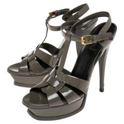 Pre Owned Saint Laurent  Green Patent Leather Tribute  Sandals Size 38