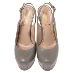 Pre Owned Saint Laurent Grey Leather Tribtoo Slingback Platform Sandals Size 35
