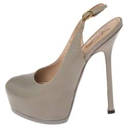 Pre Owned Saint Laurent Grey Leather Tribtoo Slingback Platform Sandals Size 35