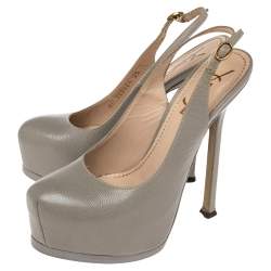 Pre Owned Saint Laurent Grey Leather Tribtoo Slingback Platform Sandals Size 35
