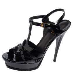 مملوكة مسبقًا Saint Laurent Black Patent Leather Tribute Sandals Size 41
