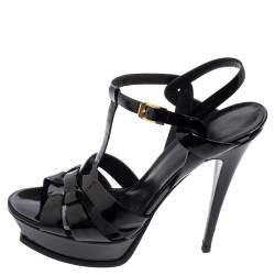 مملوكة مسبقًا Saint Laurent Black Patent Leather Tribute Sandals Size 41