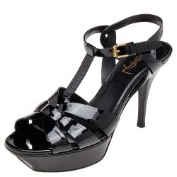 مملوكة مسبقًا صندل سان لوران باريس نعل سميك تريبيوت جلد لامع أسود مقاس 38