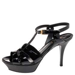 مملوكة مسبقًا صندل سان لوران باريس نعل سميك تريبيوت جلد لامع أسود مقاس 38