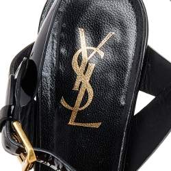 مملوكة مسبقًا صندل سان لوران باريس نعل سميك تريبيوت جلد لامع أسود مقاس 38