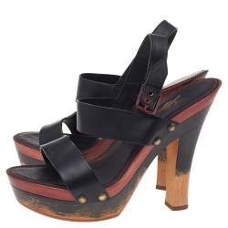 Pre Owned Saint Laurent Black Leather Platform Ankle Strap Sandals Size 39