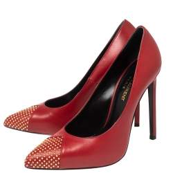 Pre Owned Saint Laurent Red Leather Studded Pointed Toe Pumps Size 36.5