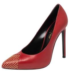 Pre Owned Saint Laurent Red Leather Studded Pointed Toe Pumps Size 36.5