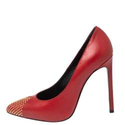 Pre Owned Saint Laurent Red Leather Studded Pointed Toe Pumps Size 36.5