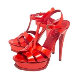 Pre Owned Saint Laurent Red Patent Leather Tribute Sandals Size 38