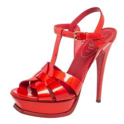 Pre Owned Saint Laurent Red Patent Leather Tribute Sandals Size 38