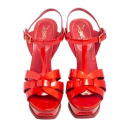 Pre Owned Saint Laurent Red Patent Leather Tribute Sandals Size 38