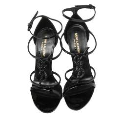 Pre Owned Saint Laurent  Black Patent Leather Monogram Cassandra Sandals Size  38.5