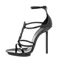 Pre Owned Saint Laurent  Black Patent Leather Monogram Cassandra Sandals Size  38.5