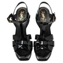 Pre Owned صندل سان لوران تريبوت جلد لامع أسود نعل سميك مقاس 37