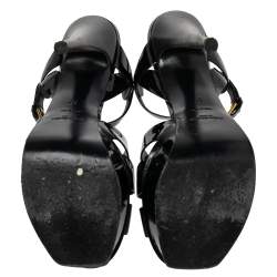 Pre Owned صندل سان لوران تريبوت جلد لامع أسود نعل سميك مقاس 37