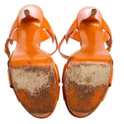 Pre Owned Saint Laurent Orange Patent Leather Tribute Platform Ankle Strap Sandals Size 39.5