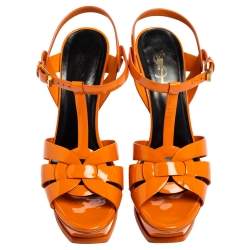 Pre Owned Saint Laurent Orange Patent Leather Tribute Platform Ankle Strap Sandals Size 39.5