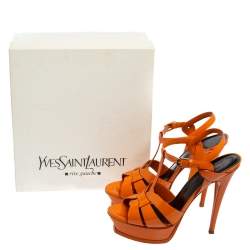 Pre Owned Saint Laurent Orange Patent Leather Tribute Platform Ankle Strap Sandals Size 39.5