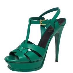 Pre Owned Saint Laurent Green Leather Tribute Platform Sandals Size 39