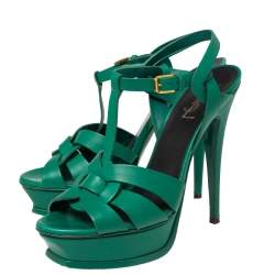 Pre Owned Saint Laurent Green Leather Tribute Platform Sandals Size 39