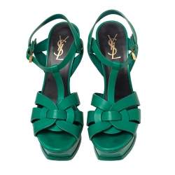Pre Owned Saint Laurent Green Leather Tribute Platform Sandals Size 39