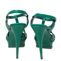 Pre Owned Saint Laurent Green Leather Tribute Platform Sandals Size 39