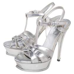 Pre Owned Saint Laurent  Silver Croc Embossed Leather Tribute Platform Sandals Size 36