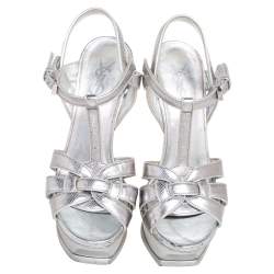 Pre Owned Saint Laurent  Silver Croc Embossed Leather Tribute Platform Sandals Size 36